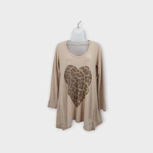 Go Couture Womens Tan Cheetah Heart Stretch Long Sleeve Scoop Neck Tunic Top M
